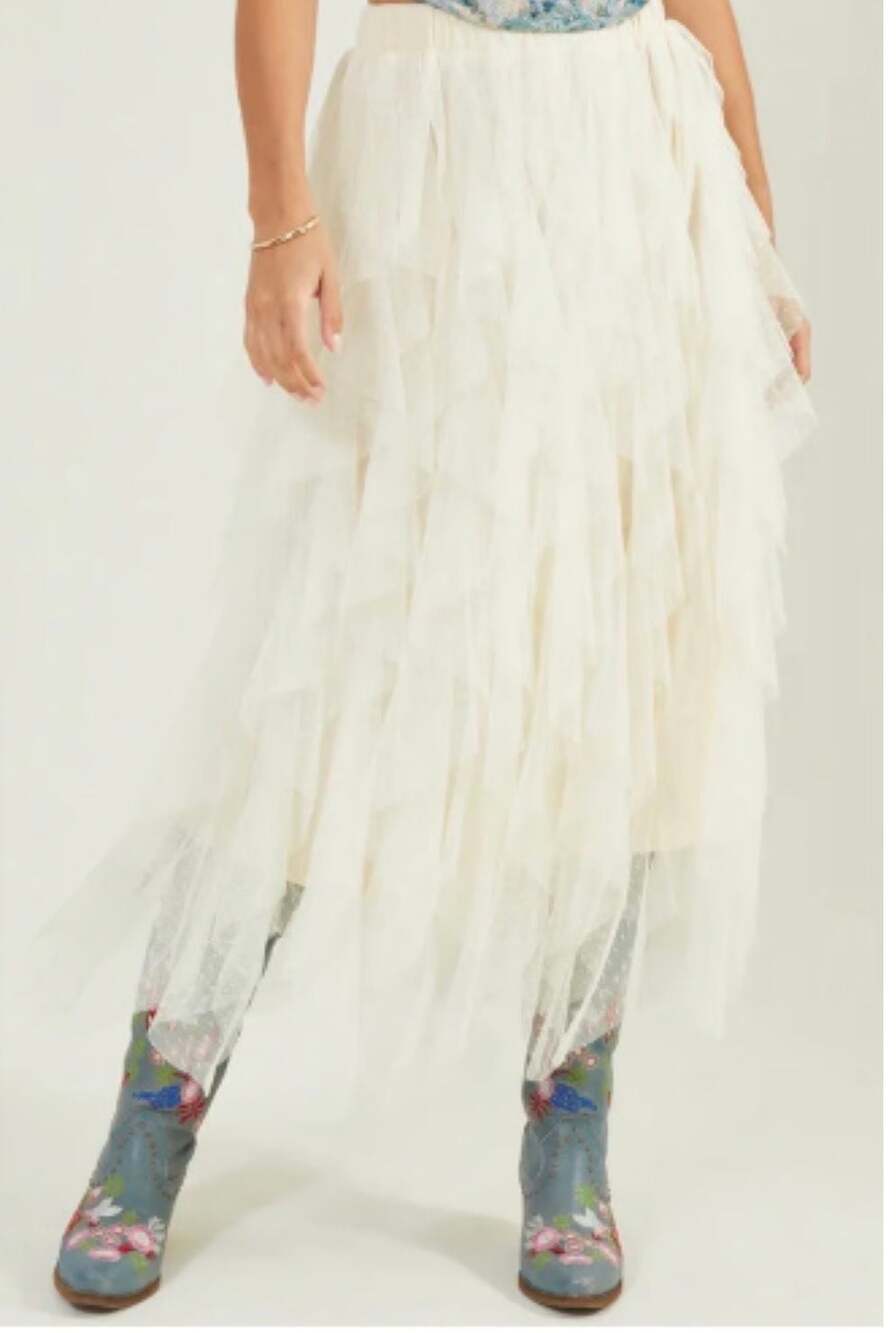 Altar'd State Cream Swiss Dot Tulle Tiered Ruffle Midi Skirt